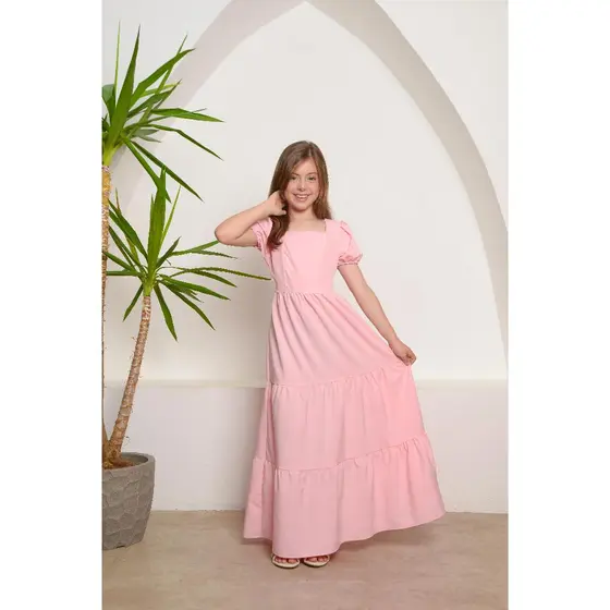 vestido longo liso de manga juvenil para todas ocasiões