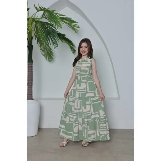 Vestido longo infantil menina estampa geométrica chique e moderno