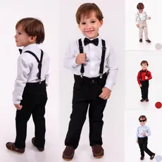 Roupa de batizado menino camisa social criança calça sarja suspensório e gravata borboleta festa formatura premium