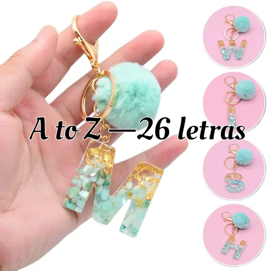 Chaveiro Bola Fofa Pele Pompom Verde 26 Letras Resina Bolsa Encantadora Para Mulher Enfeites Acessórios Presente