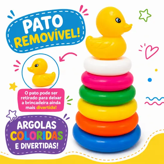 Patinho Brinquedo Torre de Argolas Coloridas Para Bebe e Crianças Sensorial Pirâmide