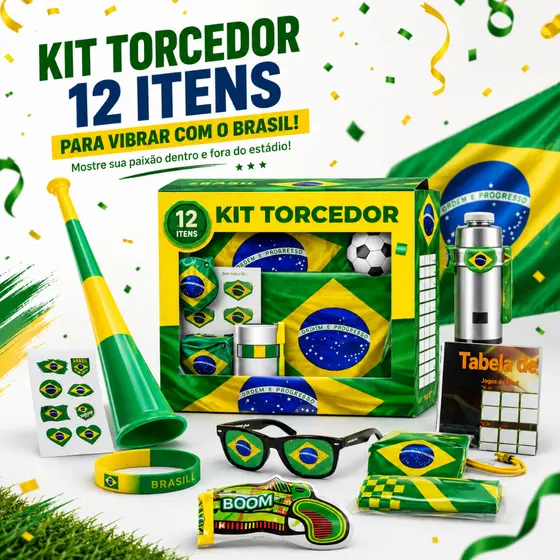 Combo Completo Torcedor Brasileiro Copa 2026 Bandeira, Adesivo, Trompete e Pintura Facial