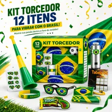Combo Completo Torcedor Brasileiro Copa 2026 Bandeira, Adesivo, Trompete e Pintura Facial
