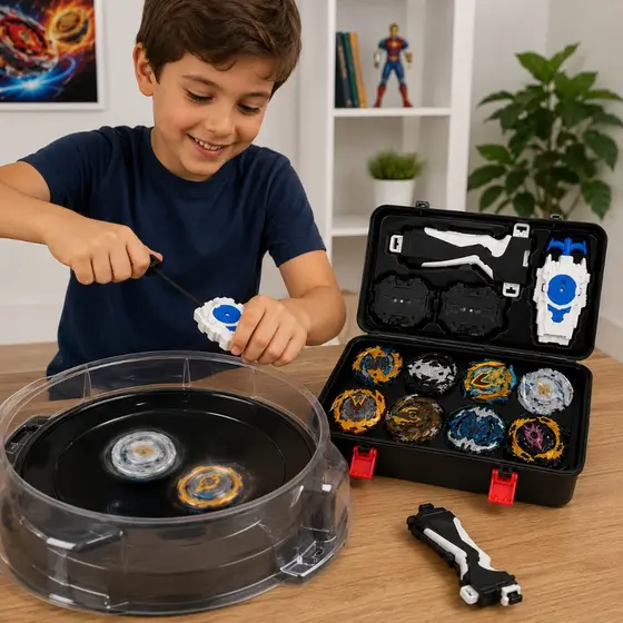 Kit 8 Piões de Metal para Batalha com Lançador + Maleta Profissional Brinquedo Infantil