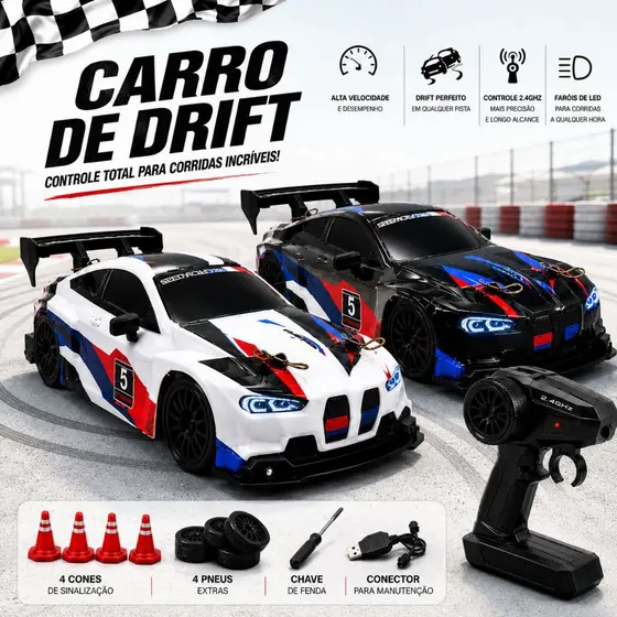 Carro Controle Remoto BMW GTR Drift Profissional de Corrida Turbo Com Acessórios - ENOZE