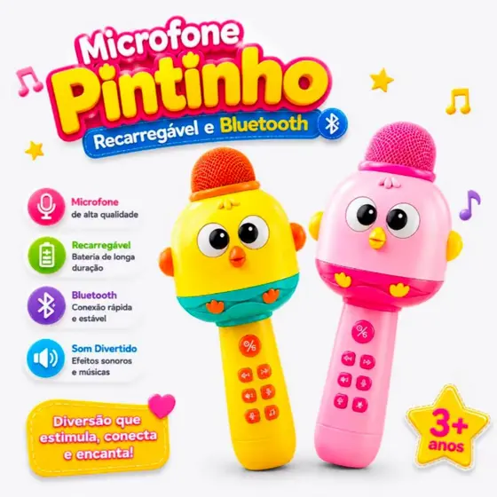 Microfone Karaokê Patinho Infantil Brinquedo com Luz e Musica Bluetooth Recarregável Sem fio