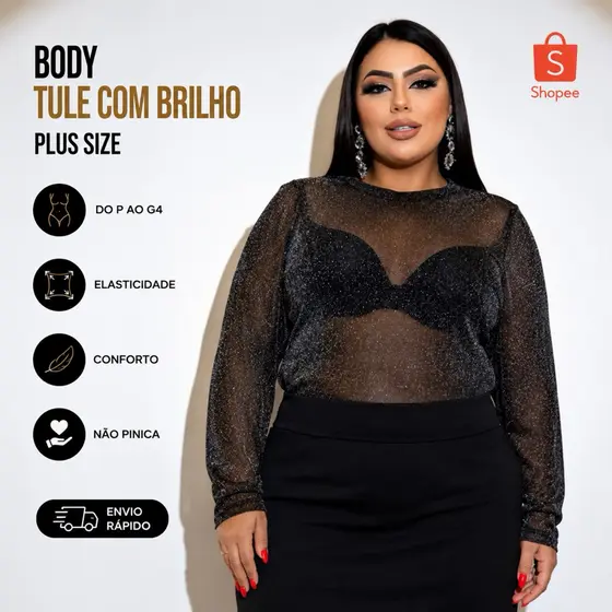 Body Manga Longa Feminino De Tule Com Brilho Plus Size