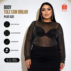Body Manga Longa Feminino De Tule Com Brilho Plus Size
