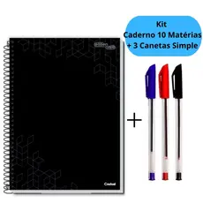 Kit Caderno Universitário 10 Matérias com 160 Folhas Capa Dura + 3 Canetas Simple Escolar
