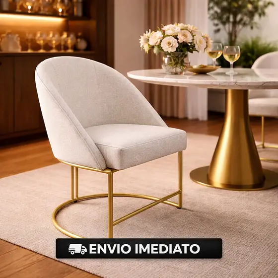 Cadeira Poltrona  Lua Mesa de Jantar VELUDO Bege Base Metálica Industrial Dourado