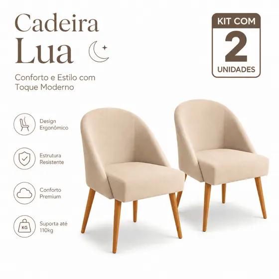 02 Cadeira Mesa de Jantar Lua Veludo Premium Pés Palito