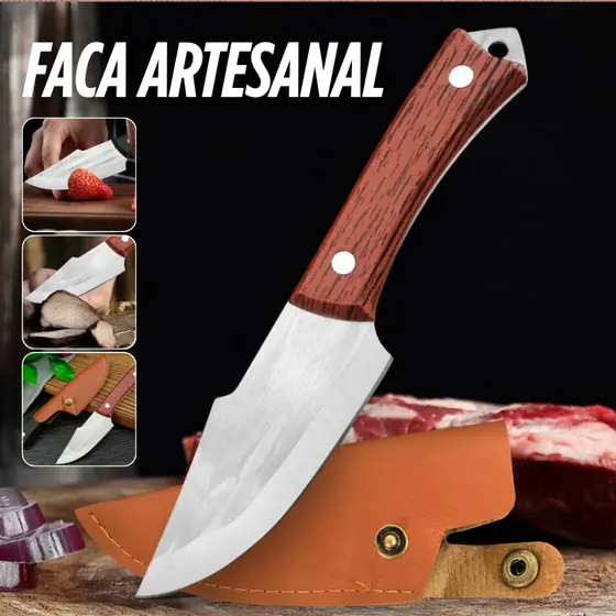 Faca Churrasco Artesanal Afiada Aço Inox Cirúrgico Cozinha com Bainha em Couro Corte Preciso Olho de Tigre