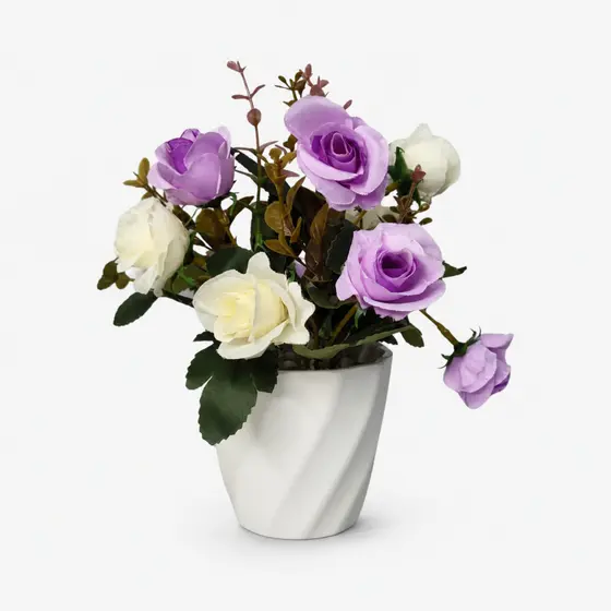 Vaso De Rosas Artificiais Lilás E Brancas Decorativo Para Sala Quarto Escritório Mesa Presente Casa