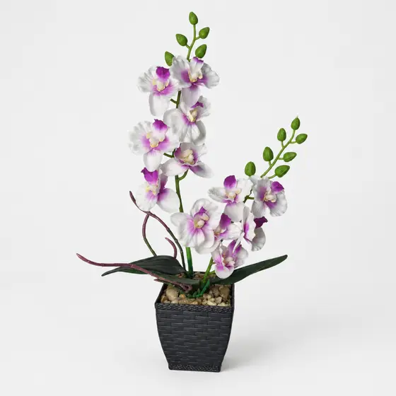 Orquídea Artificial Decorativa Lilás 35cm Em Vaso Preto Para Mesa E Ambiente