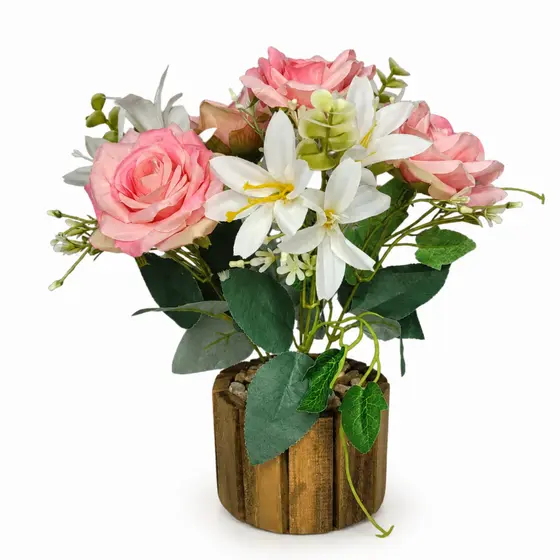 Arranjo Rosas Cor De Rosa E Lírios Brancos Artificiais Vaso Rústico X7 Para Sala Quarto Mesa E Casa