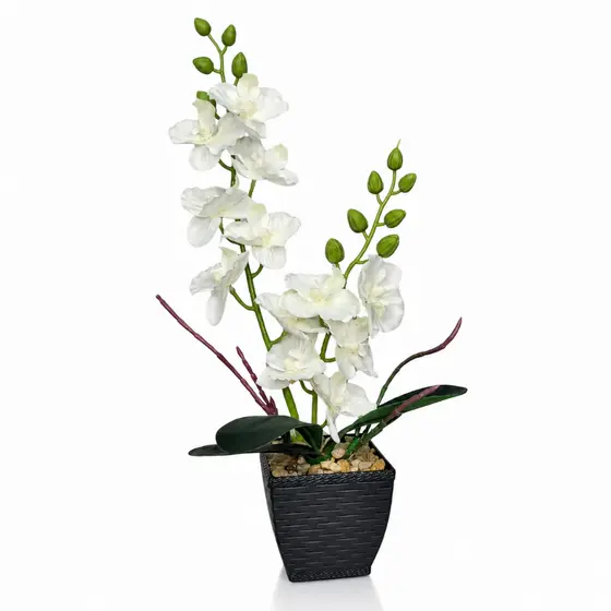 Arranjo Orquídea Artificial Branca 2 Galhos Vaso Preto Tijolado Para Sala Quarto Escritório E Mesas