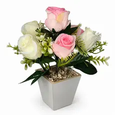 Arranjo De Rosas Artificiais Branco E Rosa Vaso Madeira MDF 27,5cm Para Mesa Sala Quarto Presente