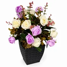 Arranjo Mini Rosas Artificiais Lilás E Branco 30cm Vaso Preto Para Sala Quarto Escritório Mesa Casa