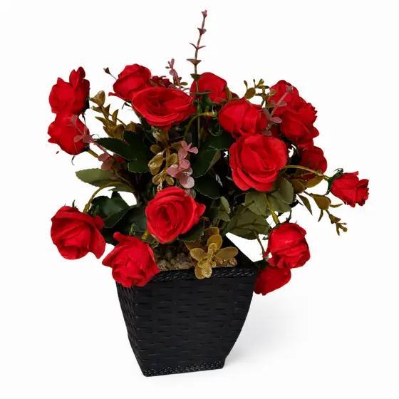 Arranjo Mini Rosas Artificiais Vermelhas 30cm Com Vaso Preto Para Sala Quarto Escritório E Presente