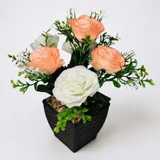 Arranjo De Rosas Artificiais Salmão E Branco Vaso Preto Para Sala Quarto Escritório Mesa Casa E Lar