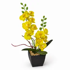 Arranjo De Orquídea Artificial Amarela 35cm 2 Galhos Com Vaso Para Mesa Sala Quarto Escritório Casa
