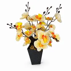 Vaso Volteado Orquídea Artificial Laranja Decorativa 40 cm Preto Para Sala Quarto Escritório E Mesa