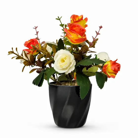 Vaso De Rosas Artificiais Laranjas E Brancas Com Vaso Preto Para Sala Quarto Escritório Mesa E Casa