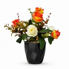 Vaso De Rosas Artificiais Laranjas E Brancas Com Vaso Preto Para Sala Quarto Escritório Mesa E Casa