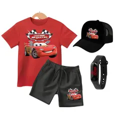 Conjunto Infantil Meninos Camiseta Short Relogio Boné Carros