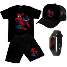 Conjunto Infantil Meninos Camiseta Short Relogio Boné Sonic Homem Aranha Carros