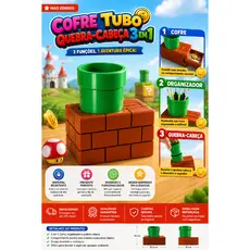 Cofre Tubo Quebra-Cabeça 3 em 1 Organizador de Mesa Porta Moedas Decorativo Mario