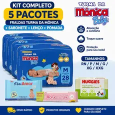 Kit Completo 5 Pacote de Fralda Turma da Mônica + 2 Lenço Umedecido + 2 Sabonete + 1 Pomada