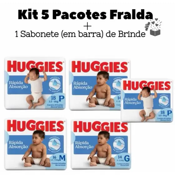 Kit 5 Pacotes de Fralda Huggies Tripla Proteção descartáveis promoção todos os tamanhos + SABONETE