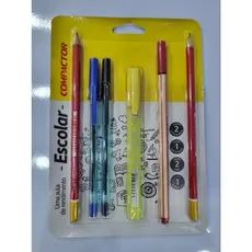 Kit Escolar 6 Itens Compactor 2 Lápis de Escrever Preto + 2 Canetas Esferográficas + 1 Caneta Ponta Fina + 1 Marca Texto