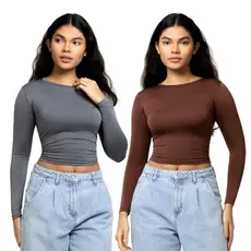 Kit 2 Blusa Feminina Manga Longa Blusinha Manga Comprida Ajuste Perfeito Baby Tee