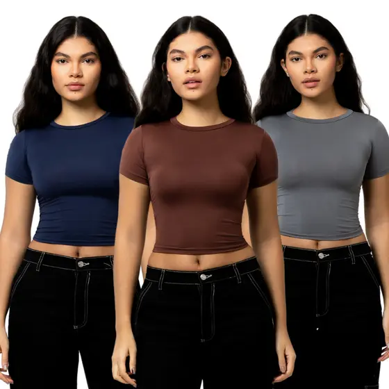 Kit 3 Baby Tee Feminina Blusa B谩sica Manga Curta Slim Fit Camiseta Baby Look V谩rias Cores