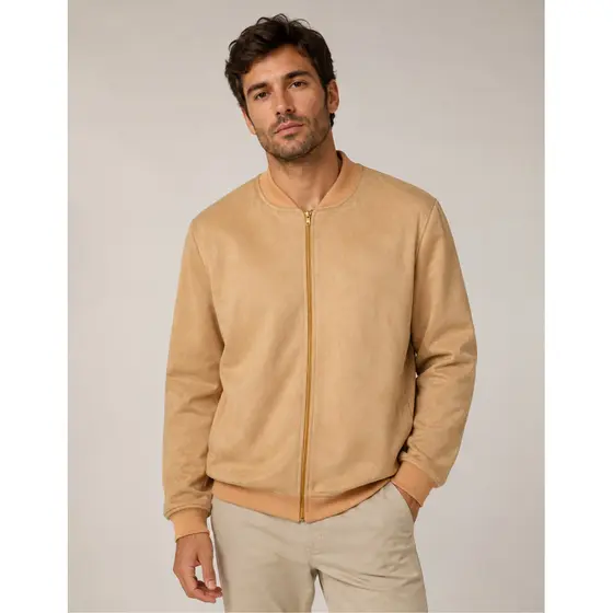 Jaqueta Bomber Suede Masculina Com Zíper Frontal E Bolso