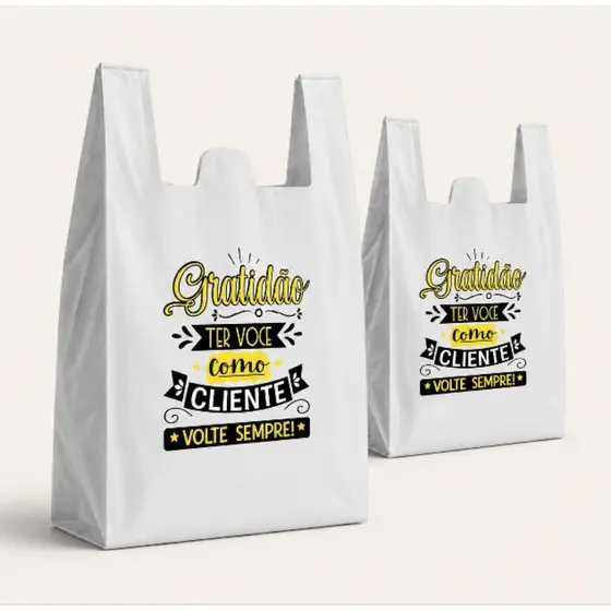 500 Sacolas Alça Camiseta Personalizadas com Frases de Gratidão – Resistentes para Mercados, Comércio em Geral 38x48