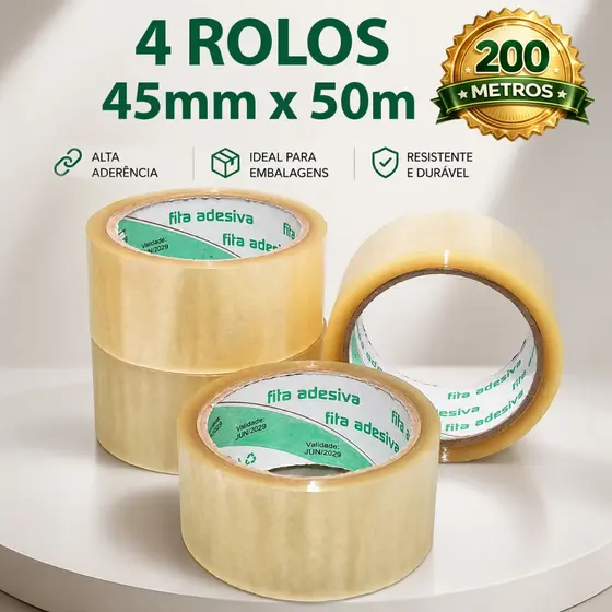 Kit 4 Fita Adesiva 50 Metros Transparente Durex Larga 45mm x 50m, para Embalar Caixa Empacotamento