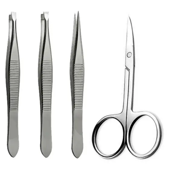 Kit Pinças Profissional (Reta + Chanfrada + Ponta Agulha) + Tesoura Tesourinha Sobrancelhas