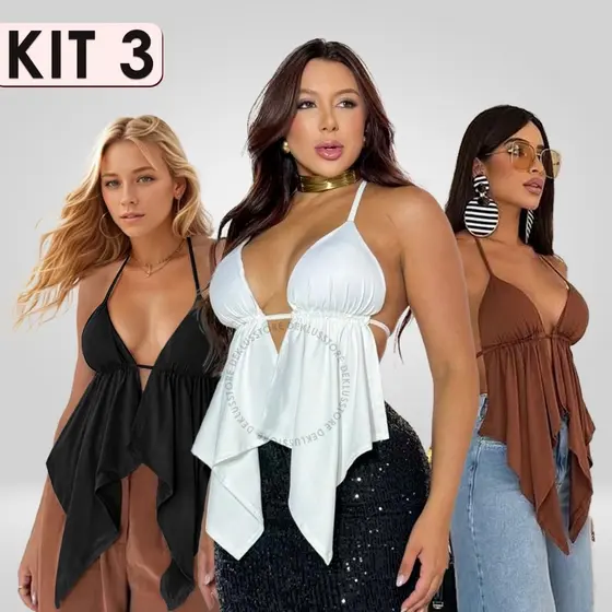 Kit 3 Top Cropped Feminino Malibu Babado Costas Nuas Cortininha Bata Tendência Boho Chic