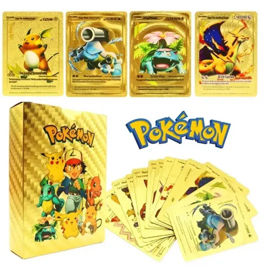 Kit Cartas Pokémon 55 Peças Gold Edition Cards Raros e Colecionáveis Impermeáveis e Detalhadas