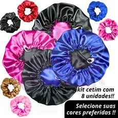 Kit cetim 8 unidades - 4 Toucas de Cetim Dupla Face com Regulador + 4 brindes (xuxinhas/scrunchies)