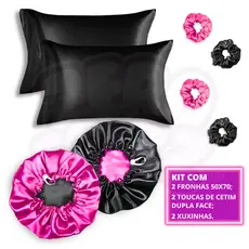 Kit Cetim Antifrizz 2 toucas dupla face regulável + 2 fronhas + 2 xuxinhas scrunchies