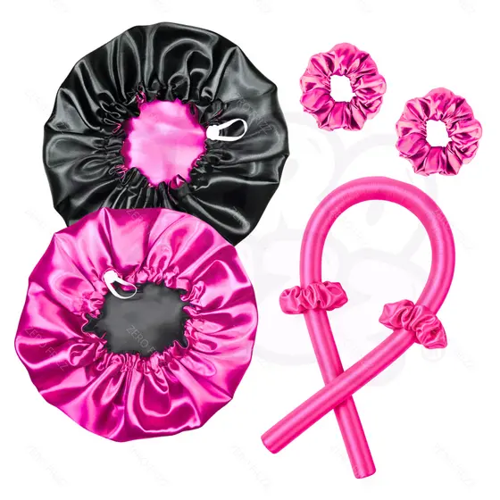 kit cetim touca cetim dupla face ajustável + modelador curling rod + scrunchies