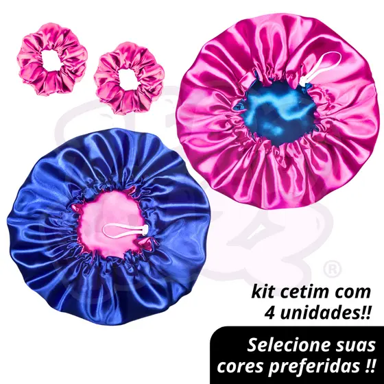 2 Toucas de Cetim Dupla Face com Regulador + 2 brindes (xuxinhas / scrunchies)