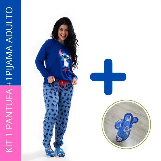Kit 1 Pijama adulto Feminino de Manga Comprido Stitch + 1 Pantufa de Quarto Calça Comprida Personagens Azul Inverno