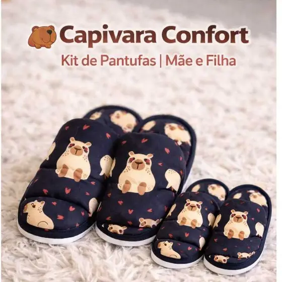 Kit 1 pantufa feminina adulto + 1 pantufa infantil capivara mãe e filha tal mãe tal filha de quarto chinelo fofinho