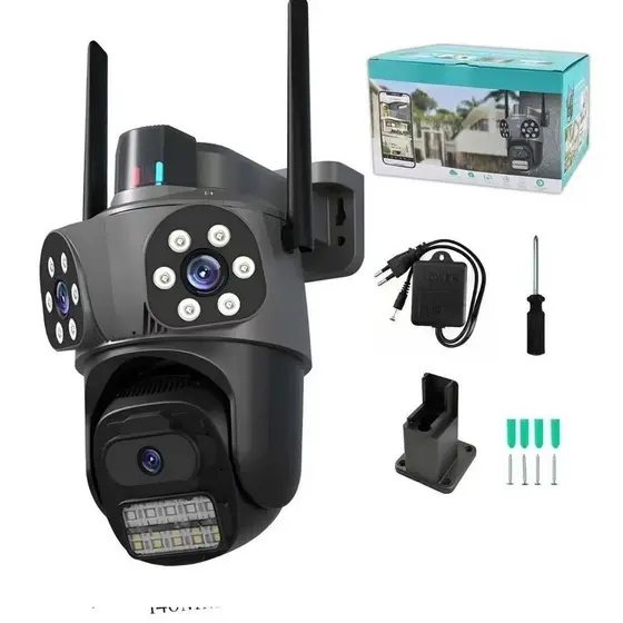 Câmera de Segurança WiFi Externa 3 Lentes 360° Zoom Visão Noturna Colorida IP66 Áudio Bidirecional Monitoramento Remoto