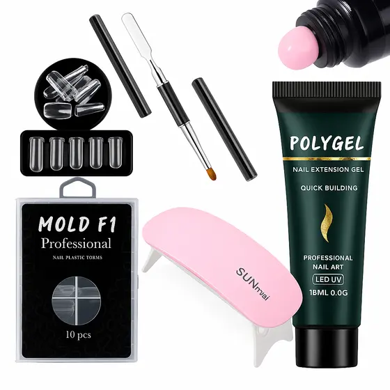 Kit Polygel Alongamento De Unha + Molde F1 + Mini Cabine Sun Mini Usb Poligel  Unhas Poly Gel